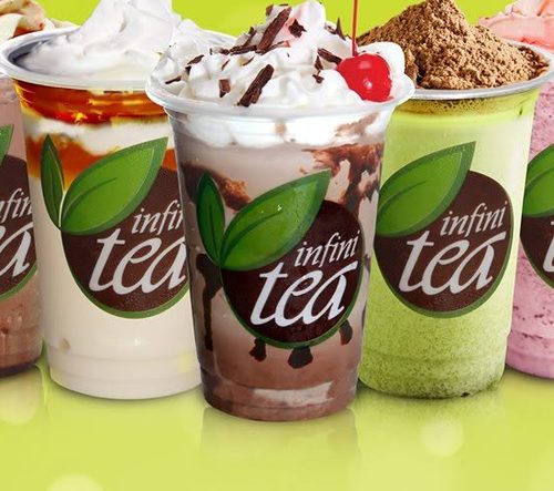 Infinitea frappes with cherry, chocolate drizzle, and matcha powder toppings